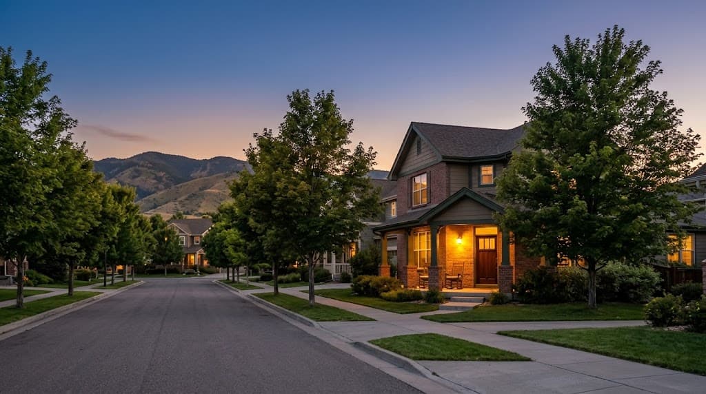 A quiet Colorado front porch in early evening light with the mountains behind it.
