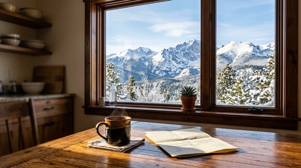 A kitchen table by a window with morning light and a view of Colorado mountains.