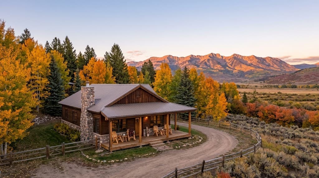 A paid-off mountain home in the Vail Valley with aspens turning gold behind it in the early evening.