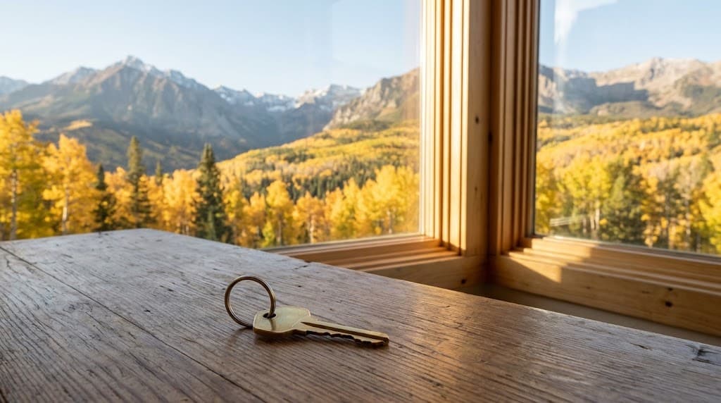 A house key resting on a wooden desk beside a window with Colorado aspens outside.