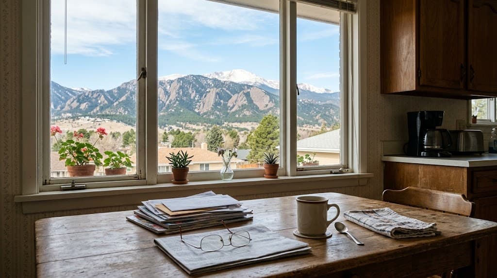 A stack of unopened mail on a kitchen table in an older Colorado home with the Front Range visible through the window.