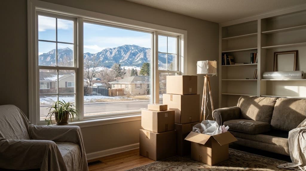 Moving boxes stacked by a front window with a view of snow-dusted foothills, in a living room that's half packed.