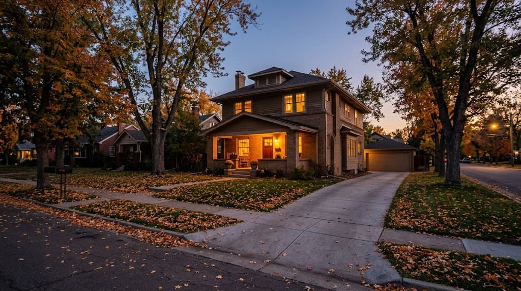 A quiet two-story house on a tree-lined street in Denver in early evening, porch light on and no cars in the driveway.