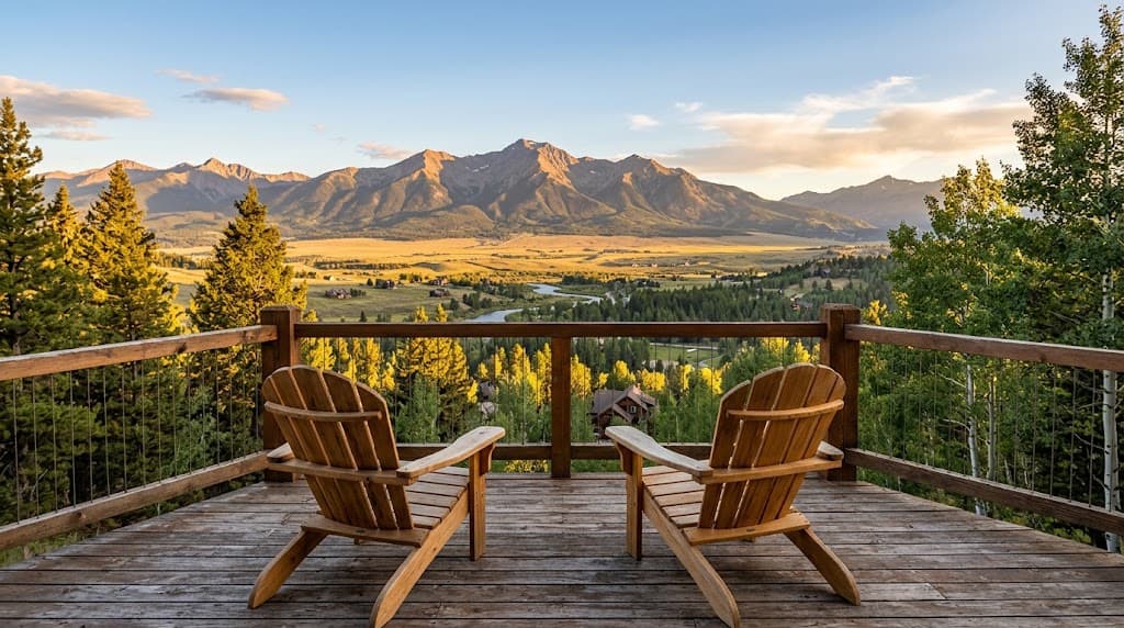 Two chairs on the deck of a Colorado home looking out over a valley in late afternoon light.