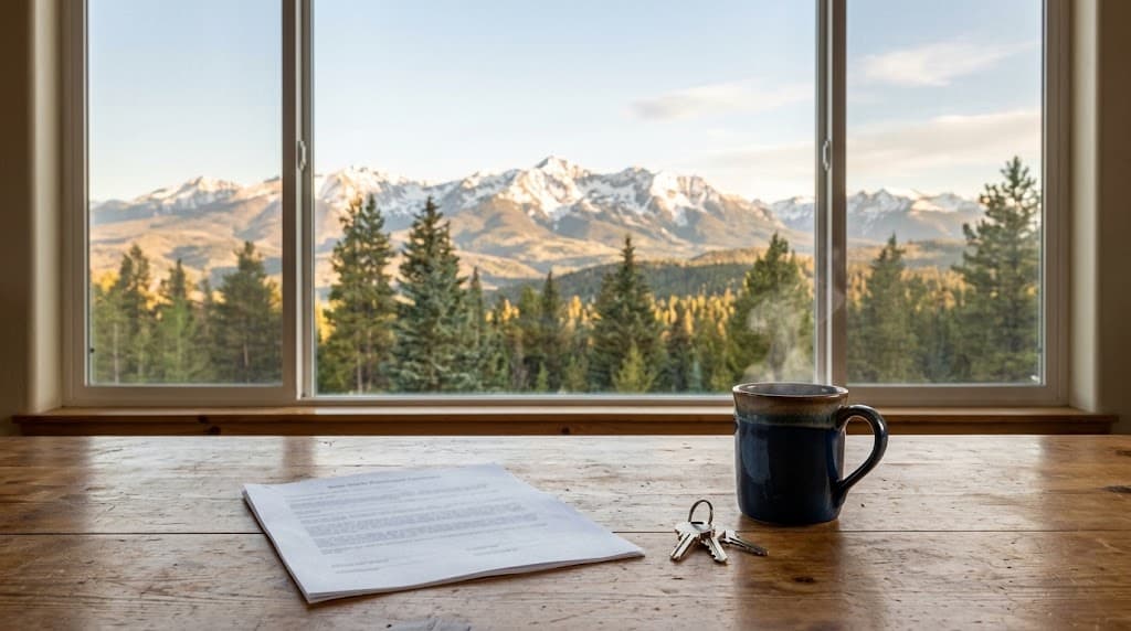 A kitchen table with a folded purchase contract, a set of house keys, and a coffee mug, with a mountain view through the window behind.