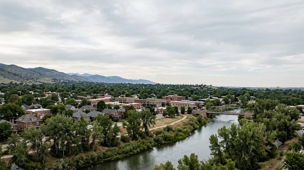 Littleton from above, the river and old town with the foothills behind