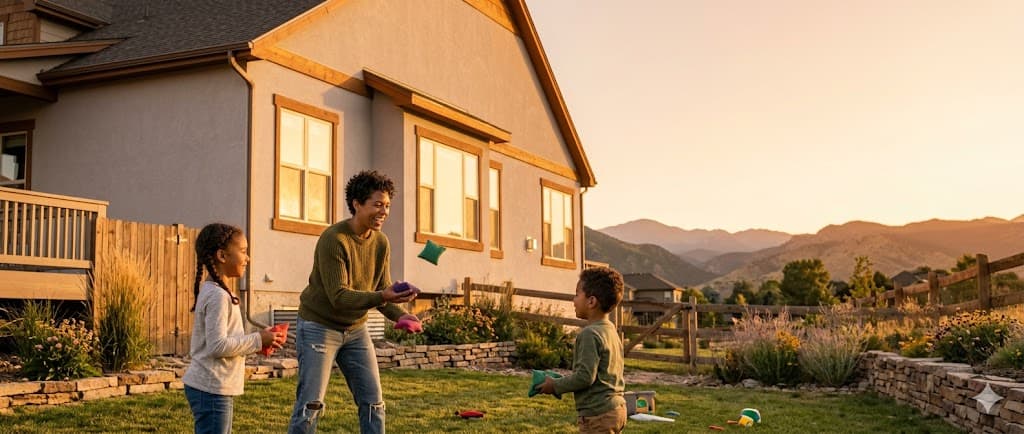 A mother playing with her two kids in the front yard of their home