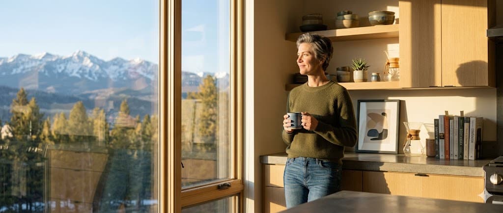 A woman with a coffee mug at a window looking out at the mountains