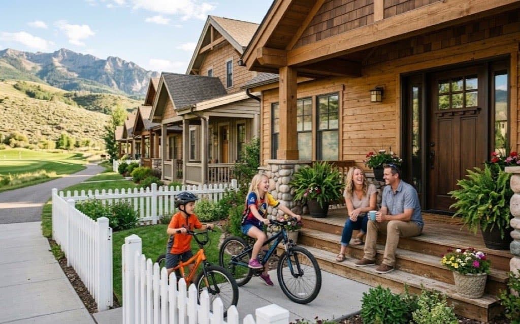 A family on the front steps of a mountain-town home while the kids ride bikes
