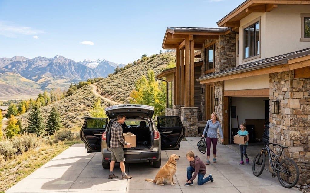 A family unloading boxes from their car at a new home in the mountains