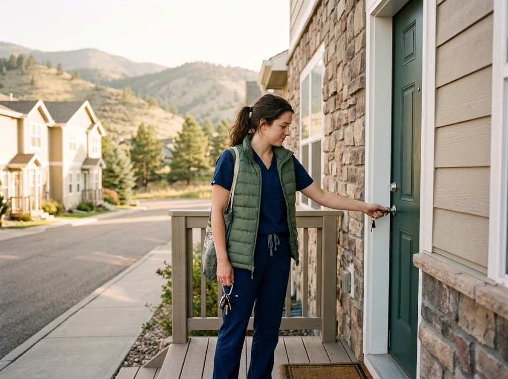 A buyer in scrubs unlocking the front door of a small townhome