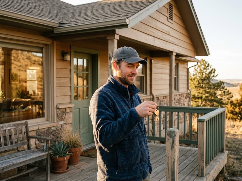 A buyer on the porch of a Front Range home, keys in hand