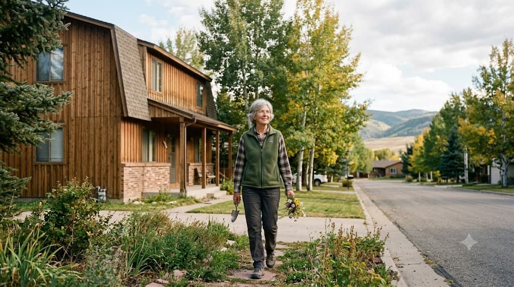 An older woman walking along her street with garden shears and flowers