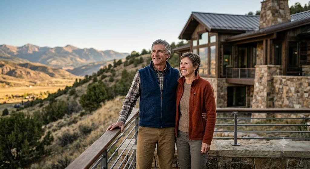 A couple in their sixties on the deck of their home above a mountain valley
