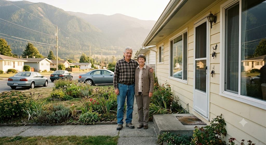A retired couple standing in front of their modest mountain-town home