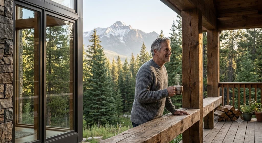 An older man with a mug on his deck looking out at a mountain peak