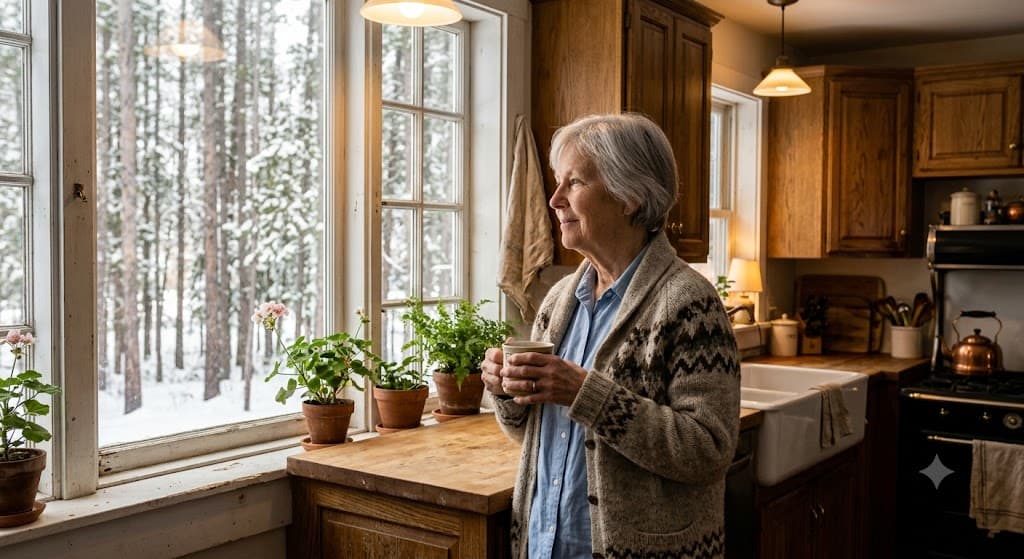 An older woman with a mug at her kitchen window, snow on the pines outside